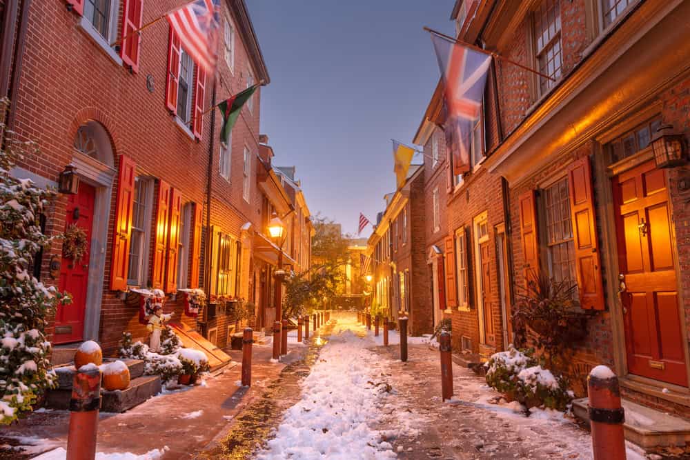 Philadelphia, Pennsylvania, USA at Elfreth's Alley in winter at twilight.