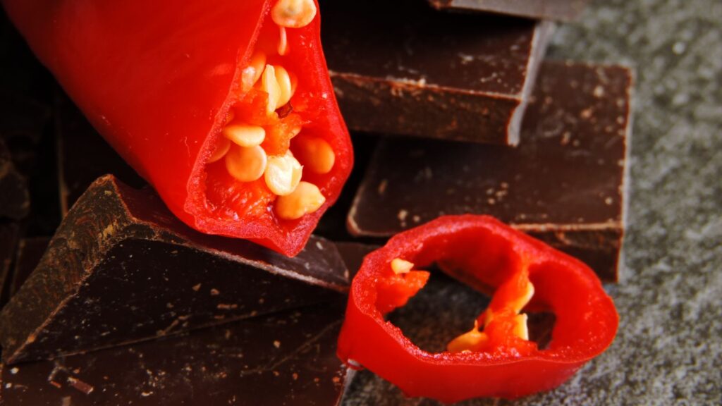 Close Up of Chocolate Pieces with Chili Pepper