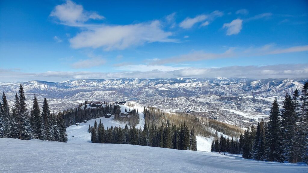 Distant winter view from above of Snowmass Ski Resort, Aspen, Colorado