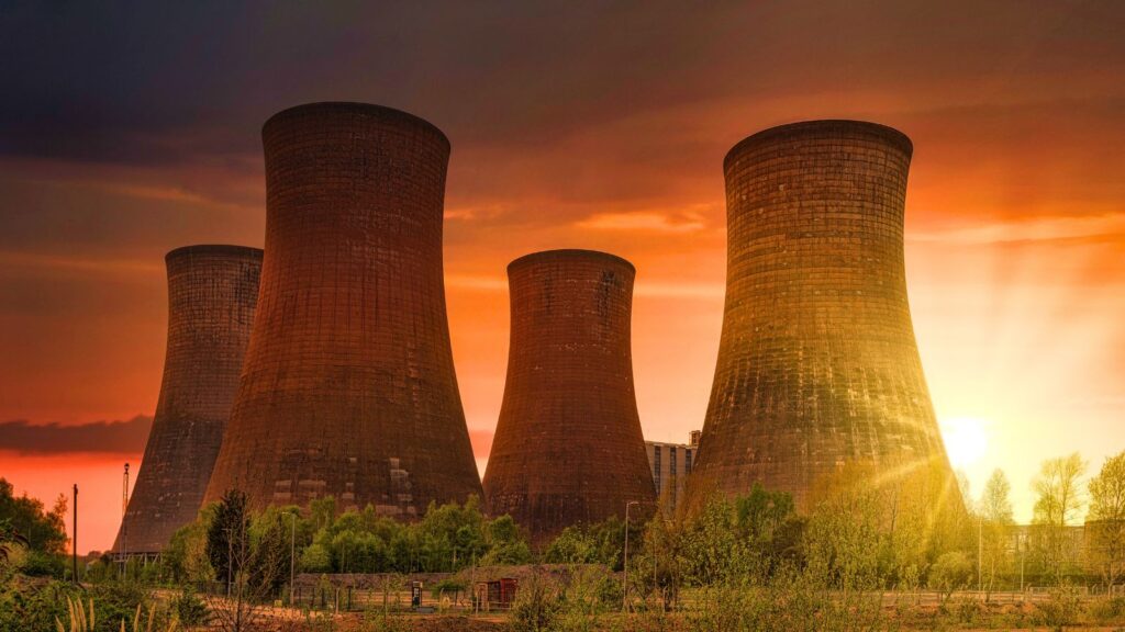 Huge cooling towers in nuclear power plant