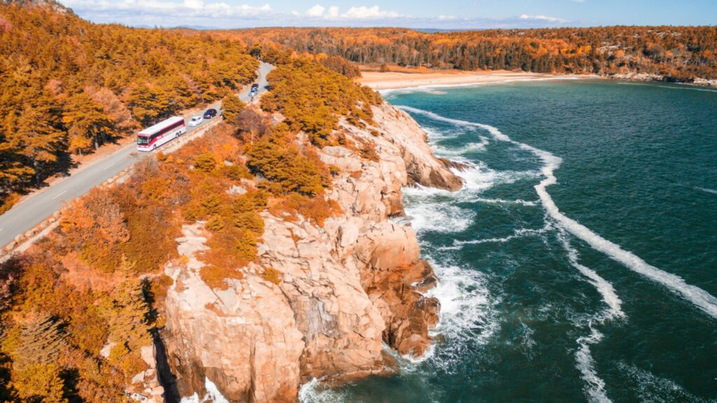 Panoramic Aerial View of Acadia National Park in Foliage Season