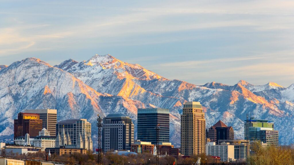 Salt lake City Downtown in Utah with Mountains