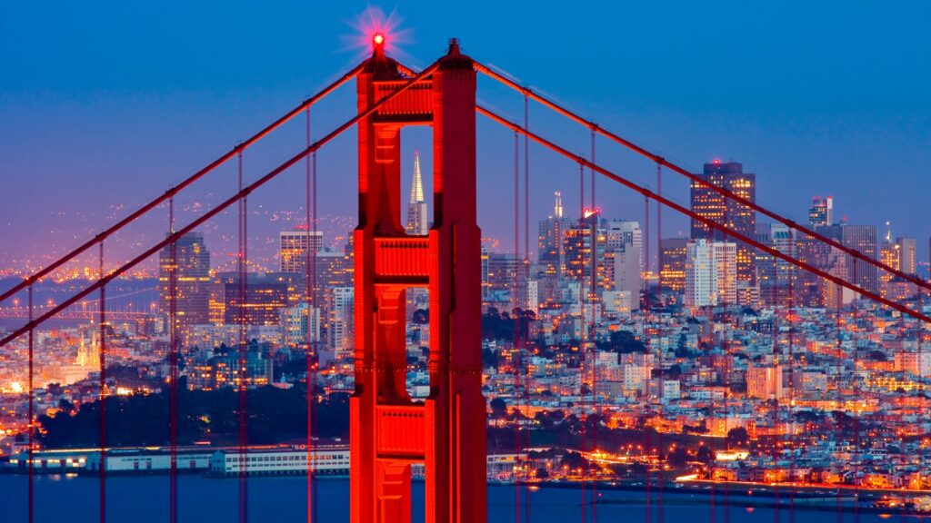 San Francisco, California's Golden Gate Bridge Close-up Night