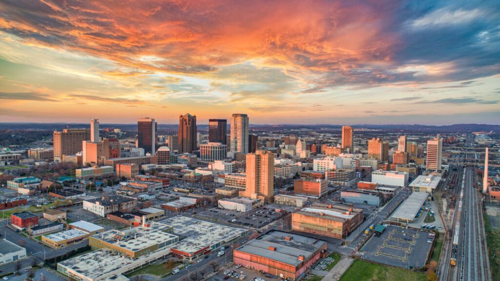 Birmingham, Alabama, USA Downtown Drone Skyline Aerial Panorama