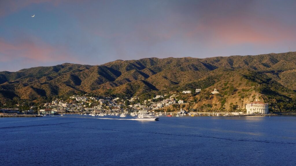 California, Avalon at dawn, resort community with the waterfront dominated by tourism-oriented businesses on Santa Catalina Island,