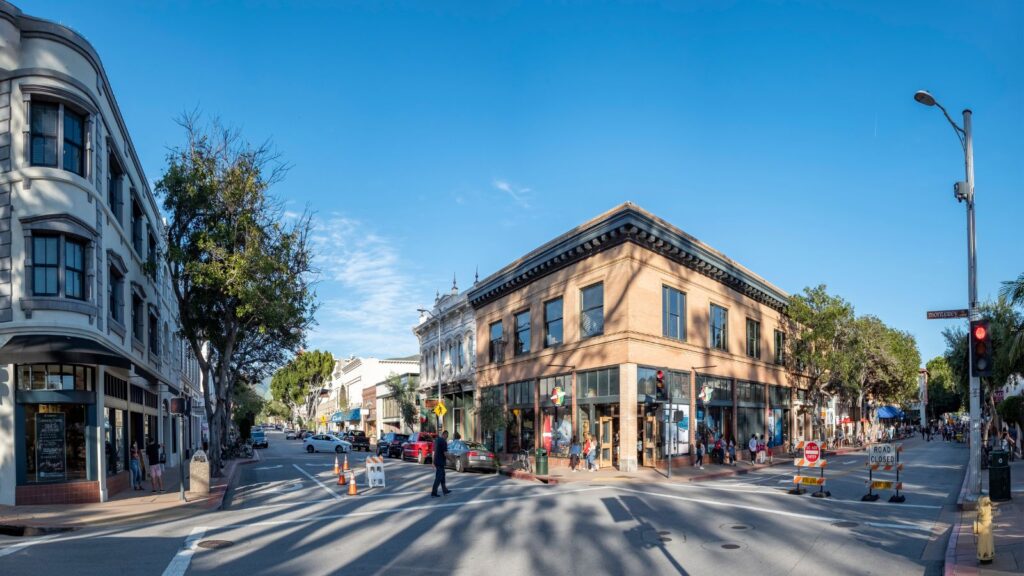 California, San Luis Obispo, people enjoy a warm spring day in the old town of San Luis Obispo