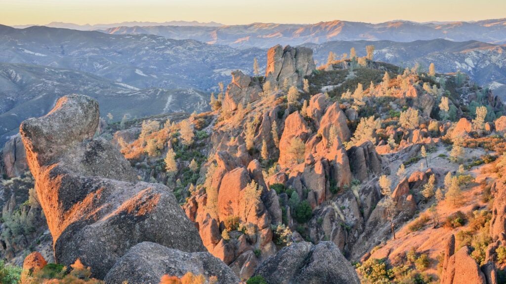 California, sunset over the volcanic monoliths of Pinnacles National Park