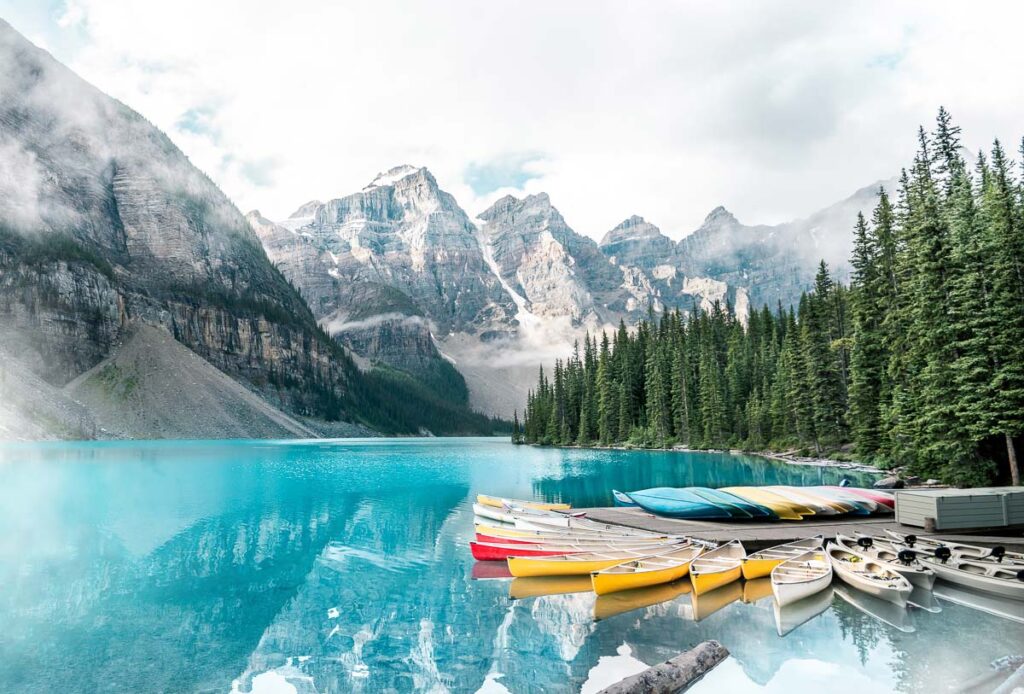 Canada Banff Lake Moraine with boats