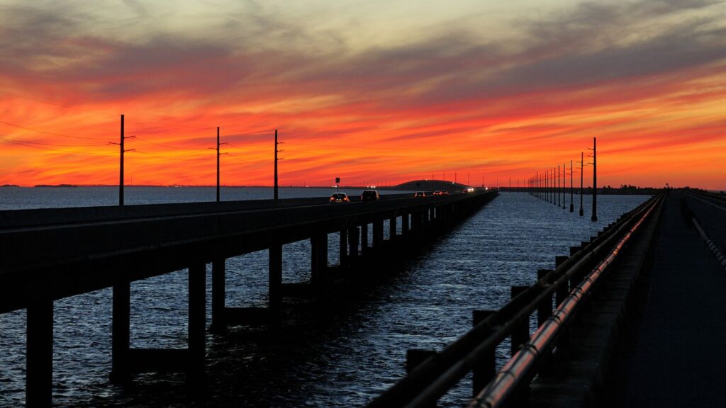 Florida, Seven Mile Bridge, Colorful Sunset On The Way To Key West On A Sunny Autumn Day