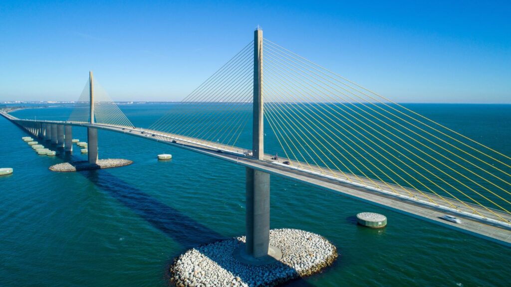 Florida, Tampa Bay, Drone photo of the Sunshine Skyway Bridge