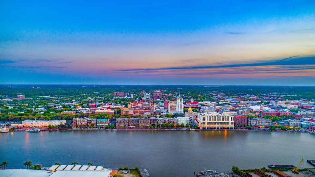 Georgia, Savannah aerial view during sunset