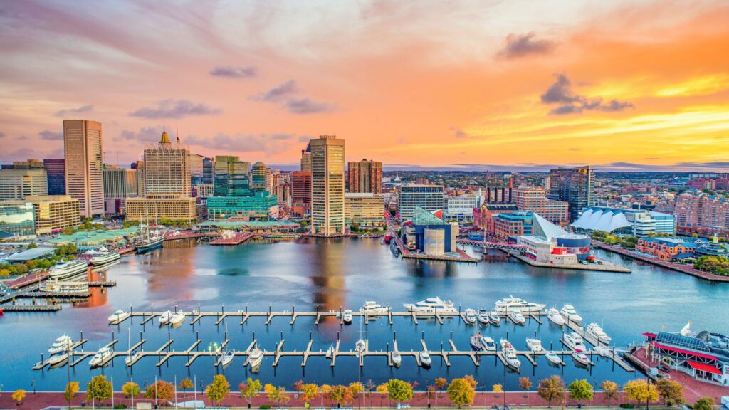 Maryland, Baltimore Inner Harbor Skyline Aerial