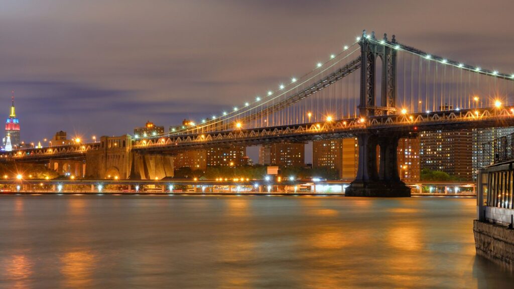 New York, Williamsburg Bridge at night with bright lights