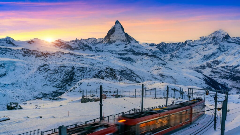 Switzerland, Matterhorn and Swiss alps in Zermatt at sunset