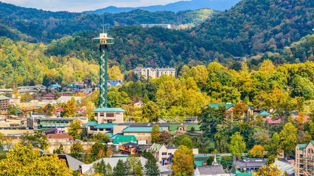 Tennessee, Gatlinburg USA townscape in the Smoky Mountains