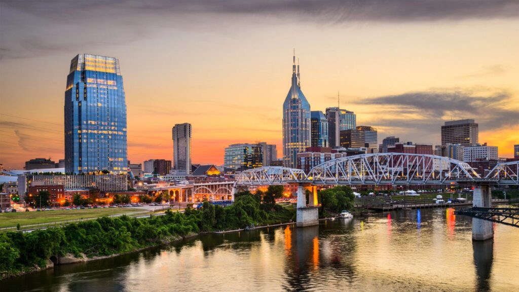 Tennessee ,Nashville, downtown skyline at Shelby Street Bridge