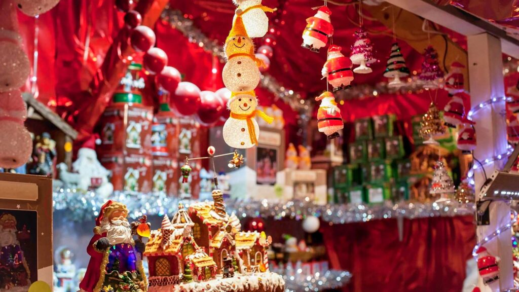 Christmas market decorations at kiosk