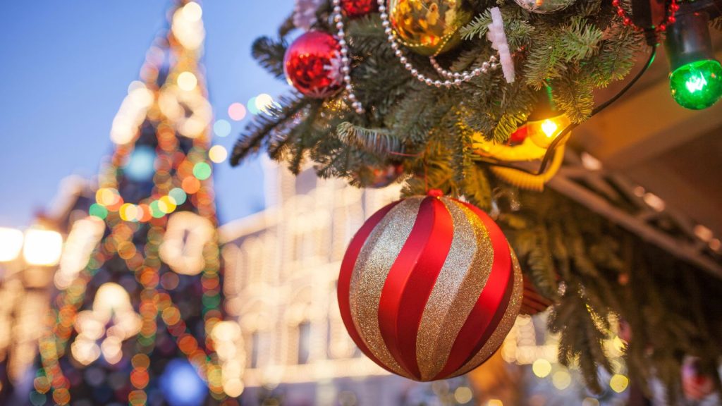 Decorated Christmas tree on blurred, sparkling and fairy background