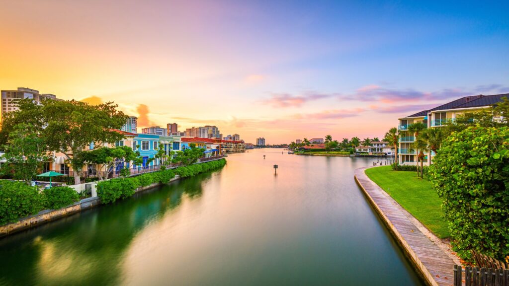 Florida, Naples downtown cityscape on the bay at dusk