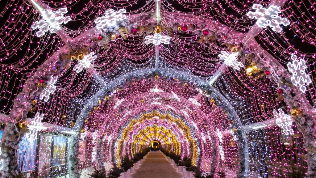 Futuristic tunnel of LED lights, garland