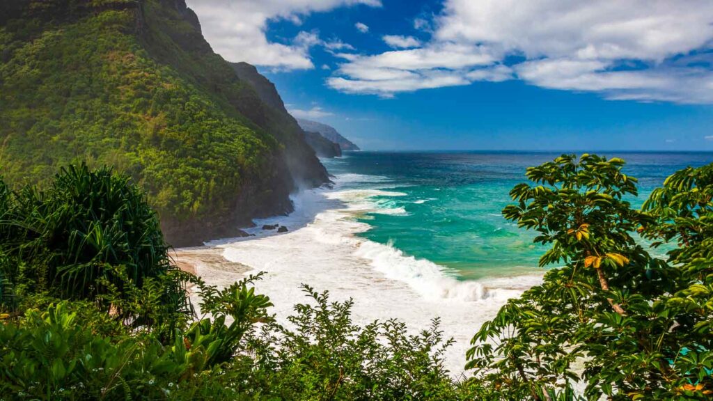 Beautiful and dangerous Hanakapiai Beach seen from Kalalau Hiking Trail on the Hawaiian island of Kauai, USA