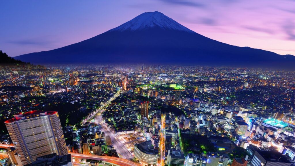 Japan, Tokyo city lights and Mt. Fuji