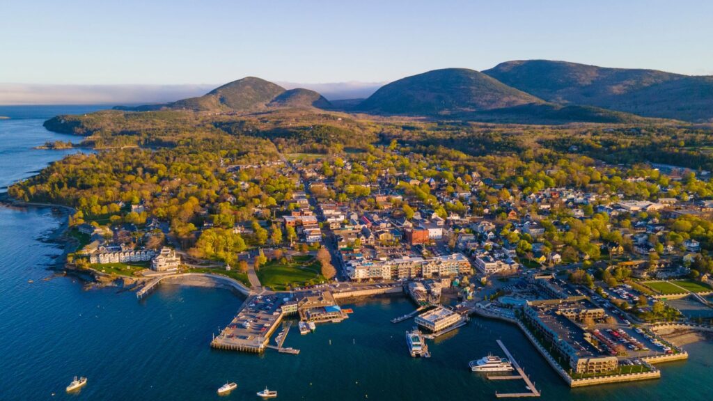 Maine, Bar Harbor historic town center aerial view at sunset