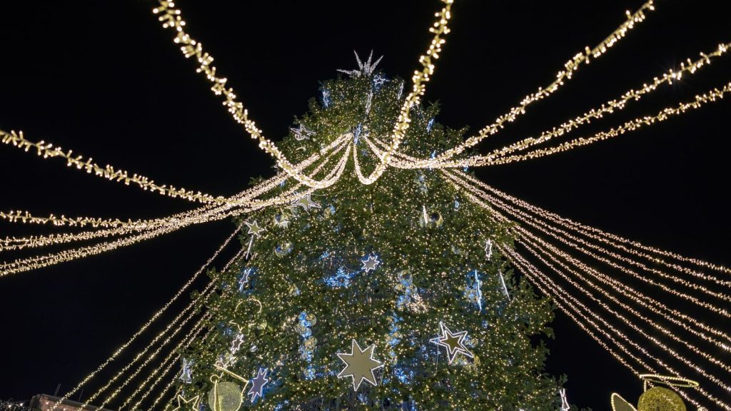 Traditional Christmas tree at Christmas market and village