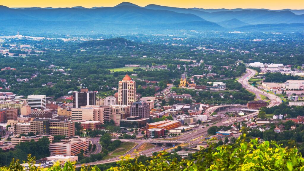 Virginia, Roanoke downtown skyline from above at dusk