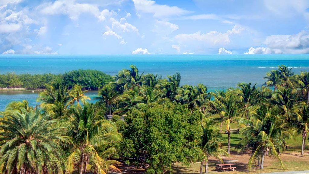 Biscayne NP, Florida, Ocean view over palm tree island