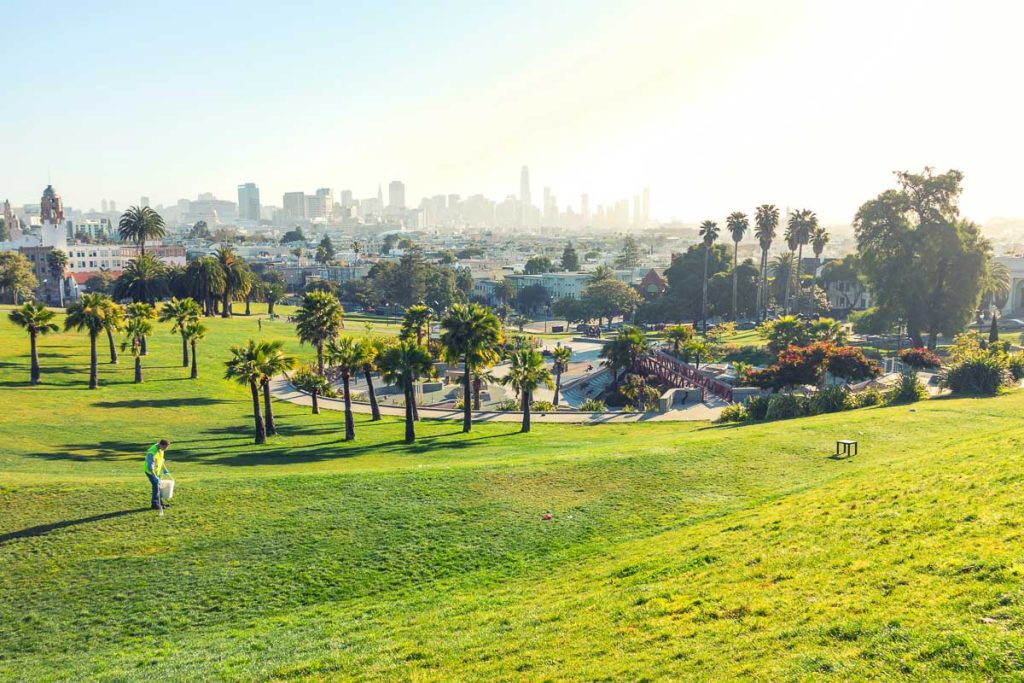 California, San Fran, lawn of Dolores Park without visitors in the early morning