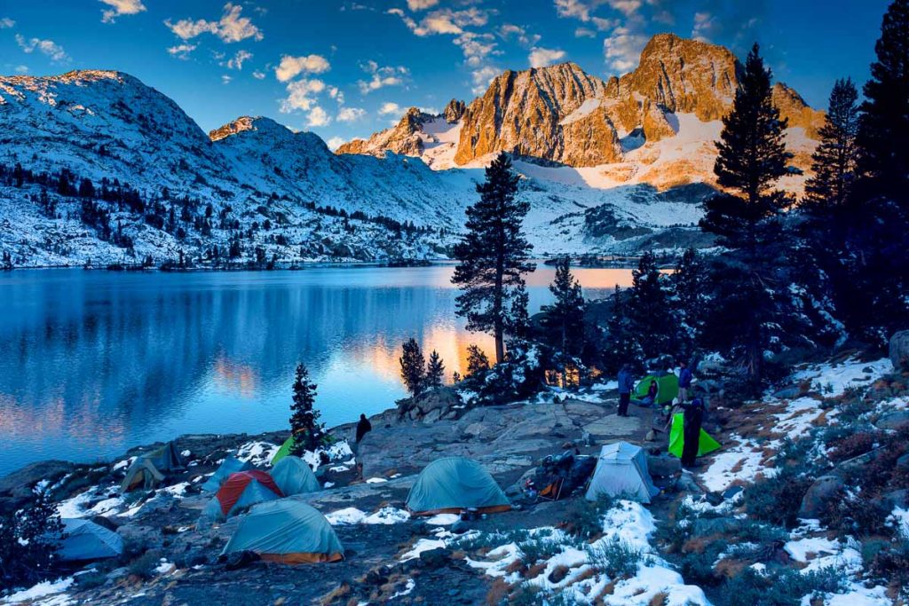Sunrise on Banner Peak above Garnet Lake in the Ansel Adams wilderness after a fresh snow