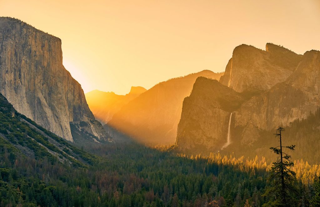 Yosemite National Park Valley at sunrise landscape from Tunnel View. California, USA.