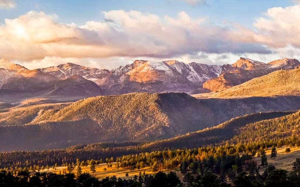 Panarama of Long's Peak and the continental divide in Rocky Mountain National Park as seen from deer ridge.