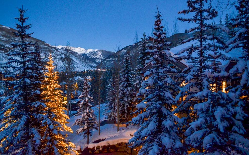 Colorado, Wintry ski Snowy Night Scene in Vail