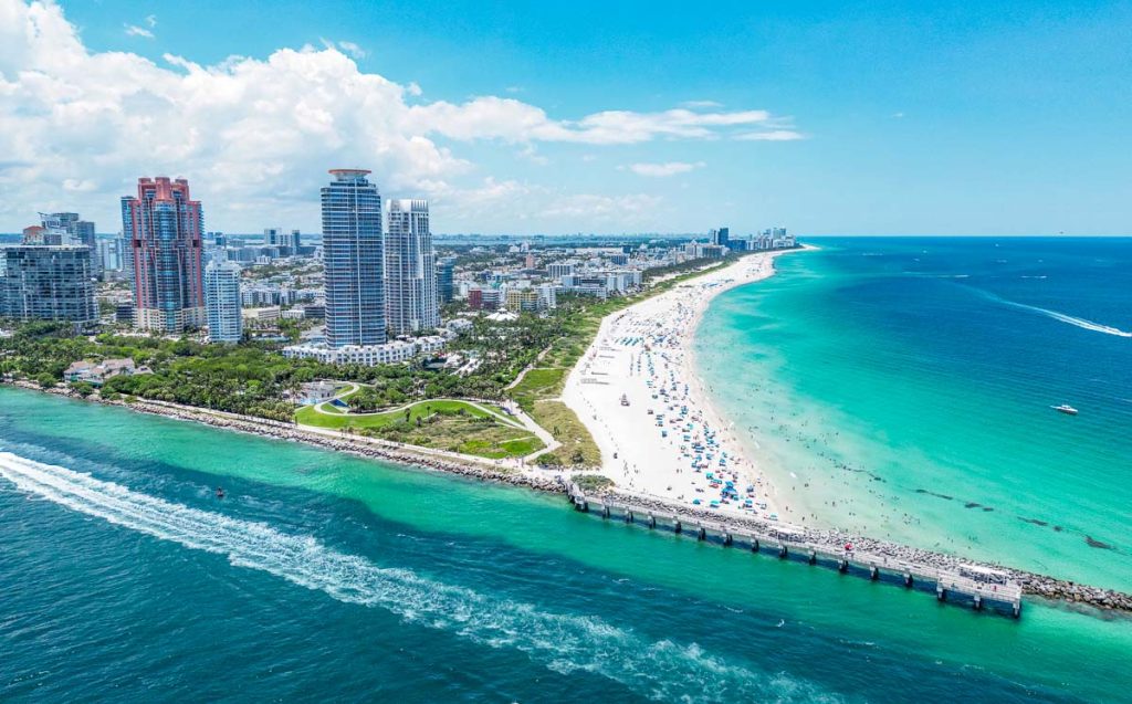 Aerial view of Miami Beach, Florida, United States. Drone shot of Miami on sunny day. Miami Beach, wonderful aerial view of buildings. Panorama view of Miami Beach, South Beach, USA