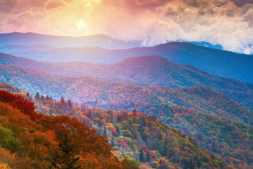 Great Smoky Mountains National Park, Tennessee, USA overlooking the Newfound Pass in autumn.