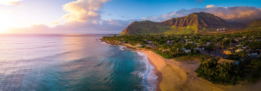 Aerial panorama of the West coast of Oahu, area of Papaoneone beach. Hawaii, USA