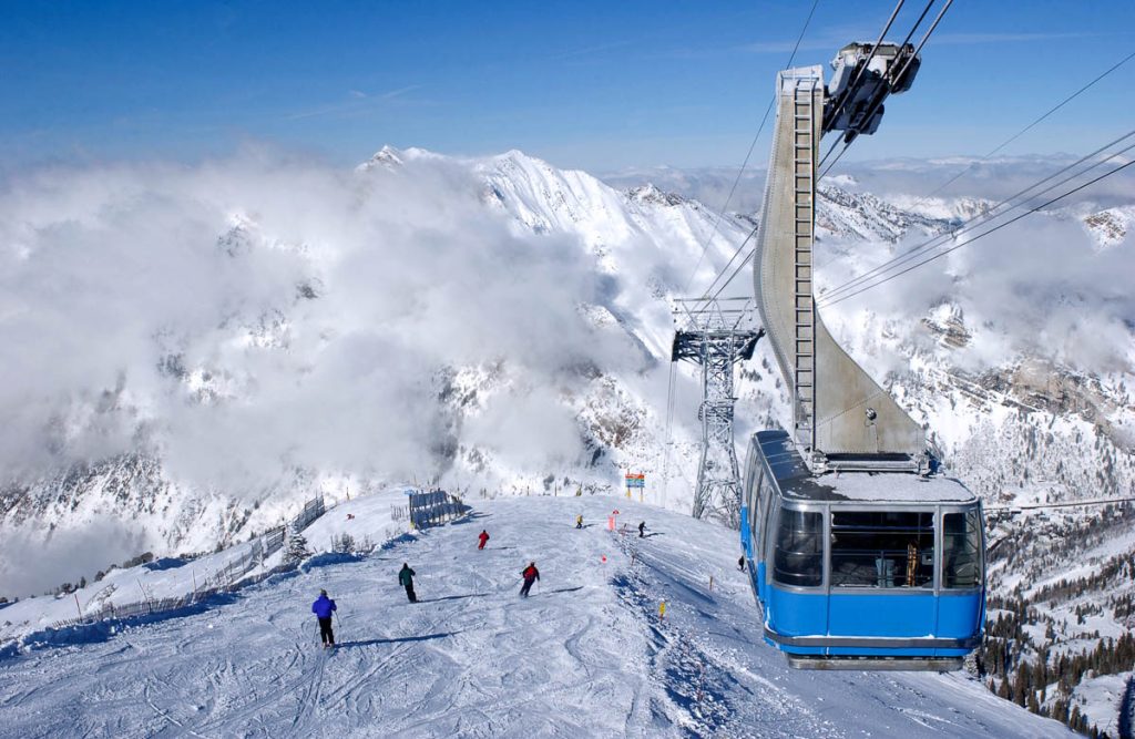 Spectacular view to the mountains and blue ski tram at Snowbird ski resort in Utah