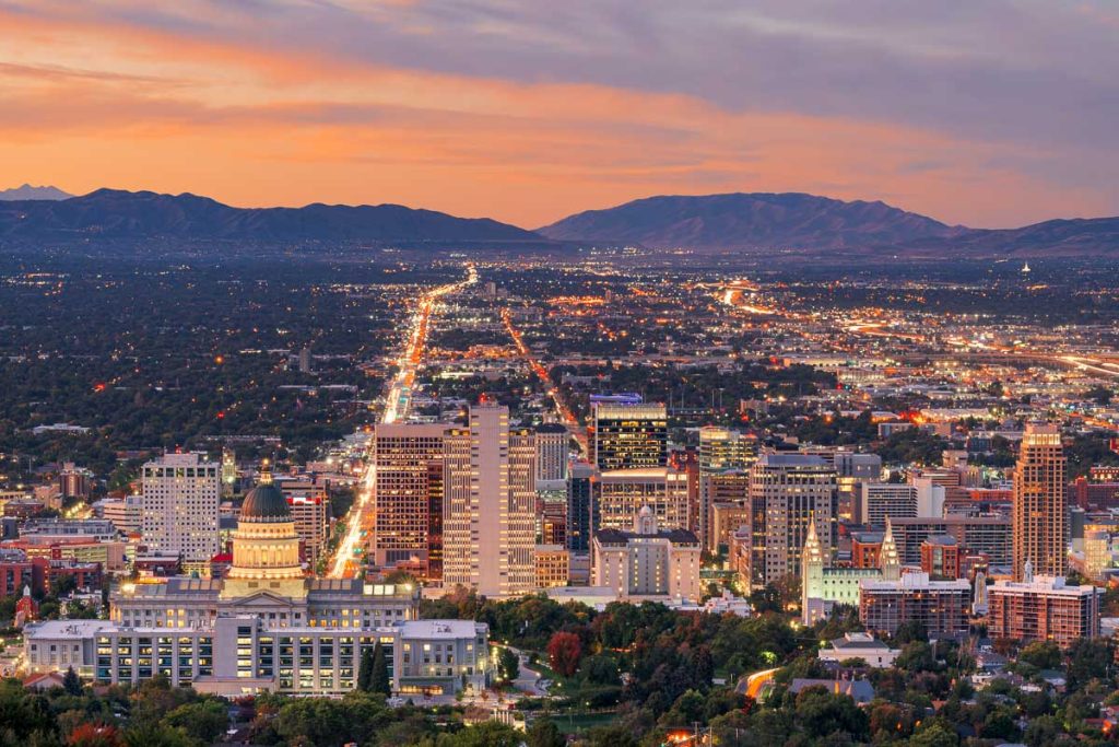 Salt Lake City, Utah, USA downtown city skyline at dusk.