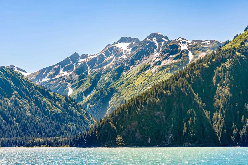 Resurrection Bay, Alaska Shades of green forest vegetation on flanks of mountain range with snow patches under blue sky and behind azure water