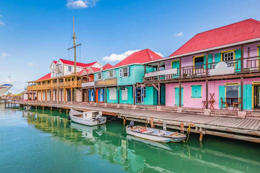 Antigua and Barbuda, St John's, Colorful buildings at the cruise port