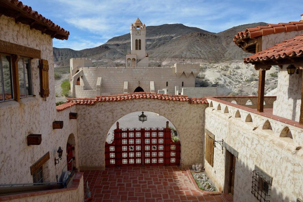 Courtyard at Scotty's Castle looking towards the clock tower, Death Valley, California