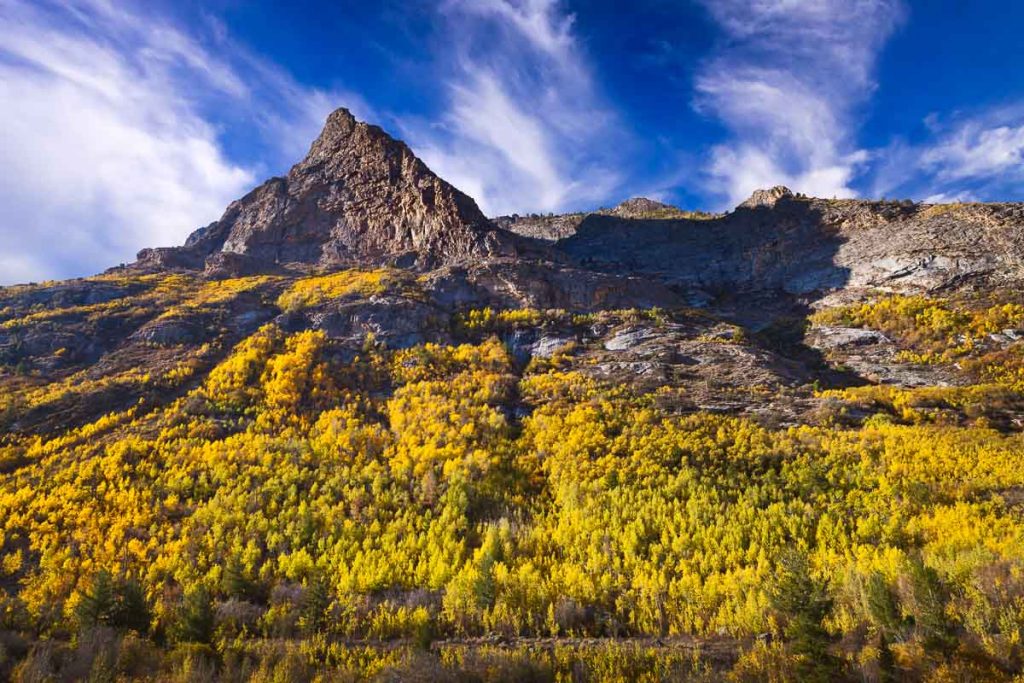 Lamoille Canyon is the largest valley in the Ruby Mountains, located in the central portion of Elko County in the northeastern section of the state of Nevada. Trees are in fall colors.