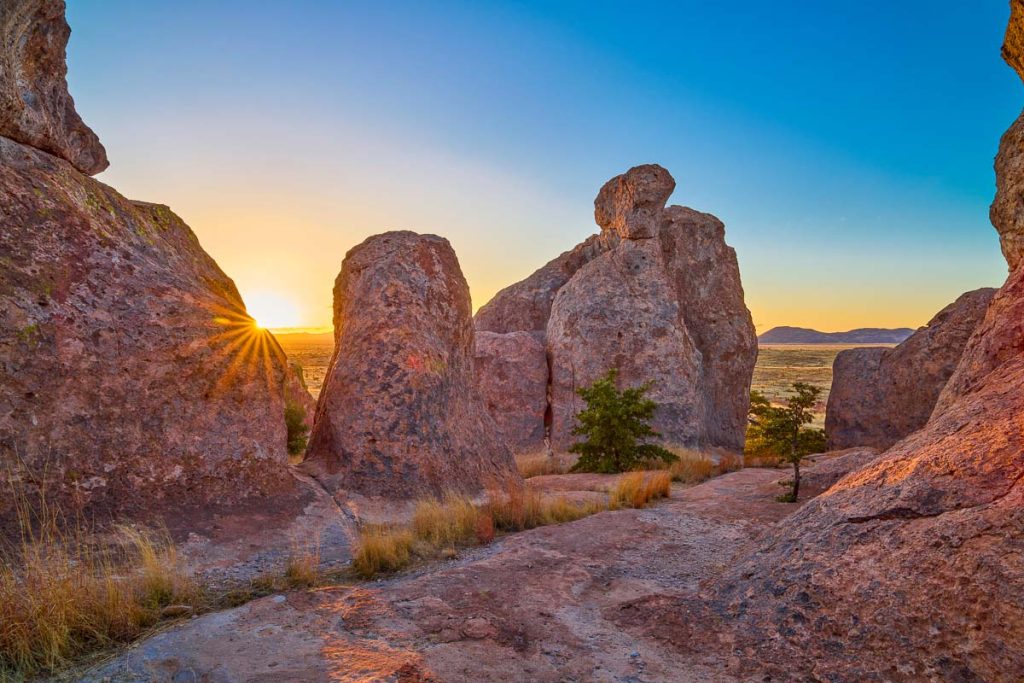 Sunbeam through rocks at City of Rocks State Park, New Mexico.