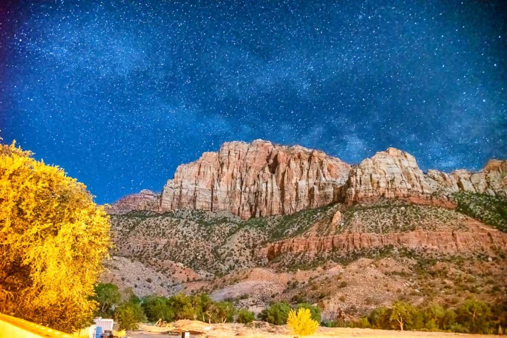 Starry night over Zion National Park Mountains