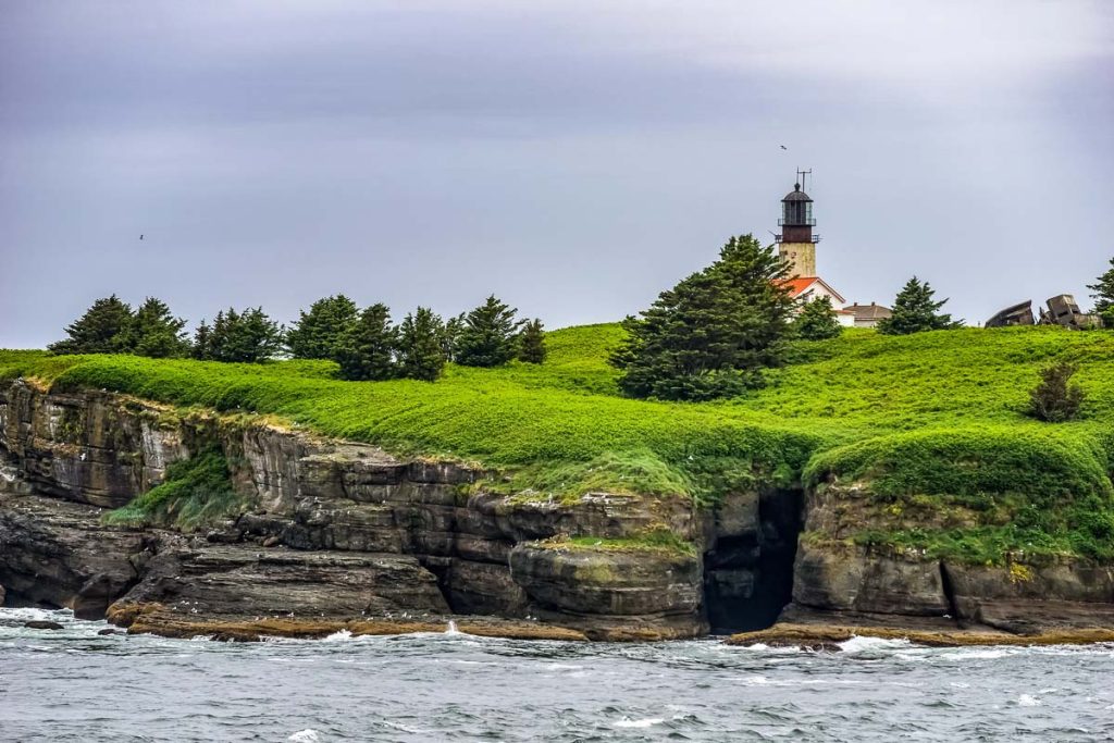 Cape Flattery lighthouse on Tatoosh Island, Makah reservation, Olympic Peninsula, Washington state, USA.