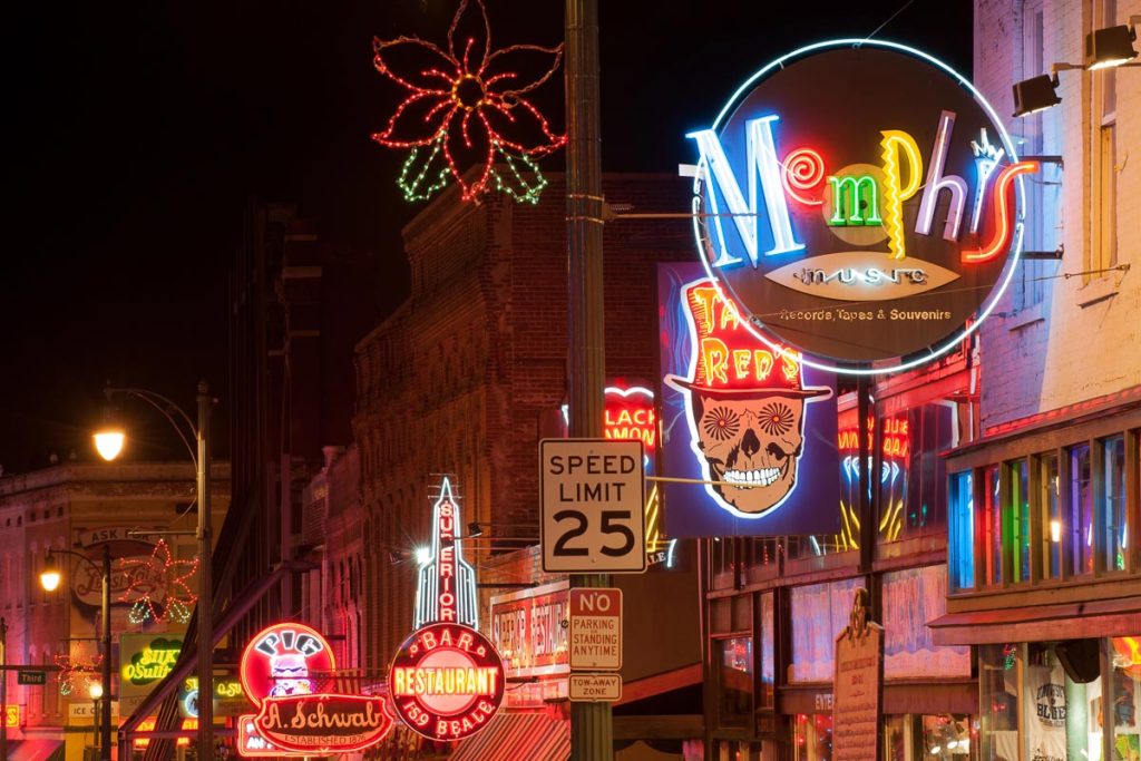 Beale Street, Memphis, Tennessee illuminated with neon signs at night
