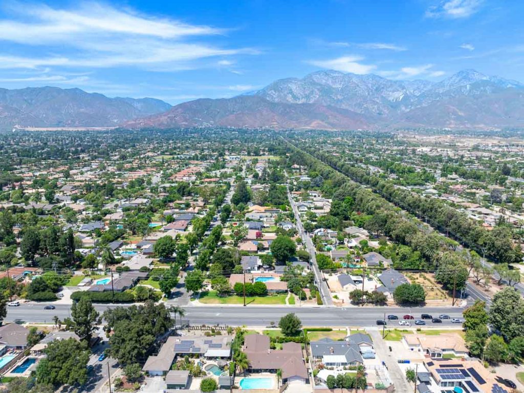 Aerial view of Upland city in San Bernardino County, California, on the border with neighboring Los Angeles County.