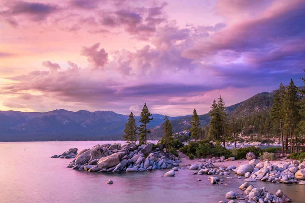 California, Lake Tahoe sunset under purple sky